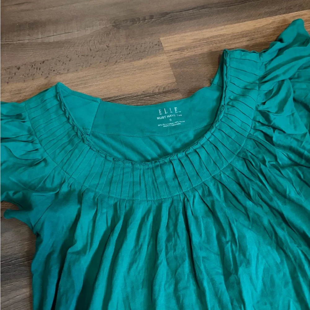 ELLE Teal Ruffled Sleeve Scoop Neck Blouse - Picture 2 of 6